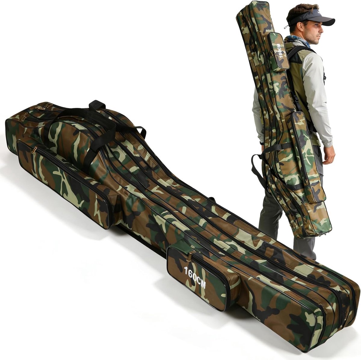 SnelShoppen - Draagbare Canvas Hengels 160 cm - Verstelbare Dubbellaagse Hengels met Draagtas voor Vissen, Kamperen, Wandelen, Ruime Capaciteit, Inclu