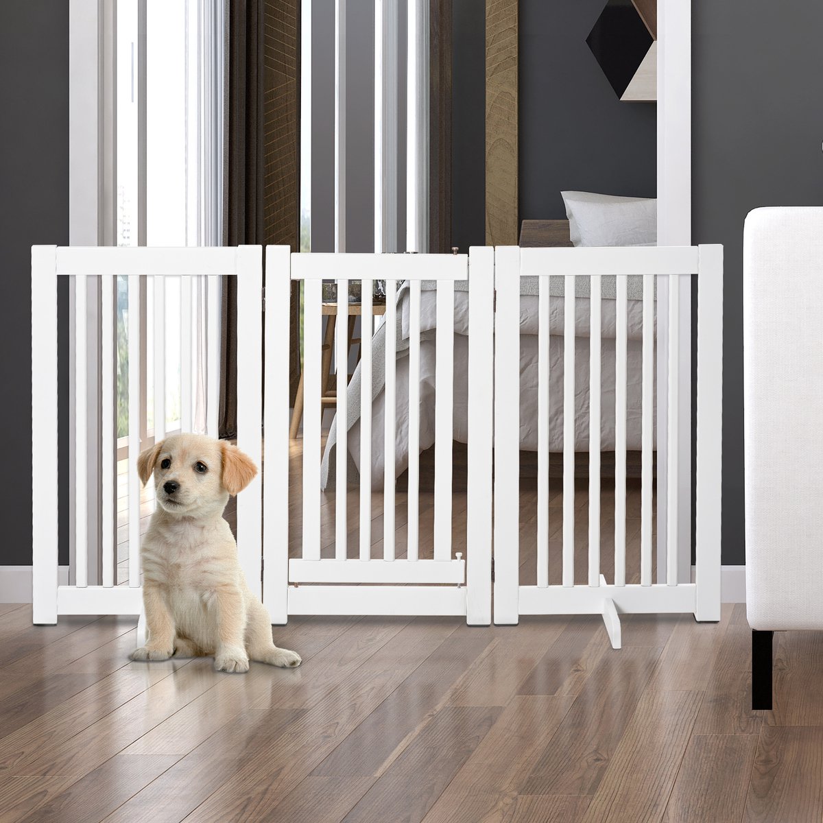DESMIU Hondenhek – Vrijstaand En Opvouwbaar – 155 x 1,5 x 76 cm – Hout En MDF – Wit – Voor Kleine En Middelgrote Honden – Met Deur