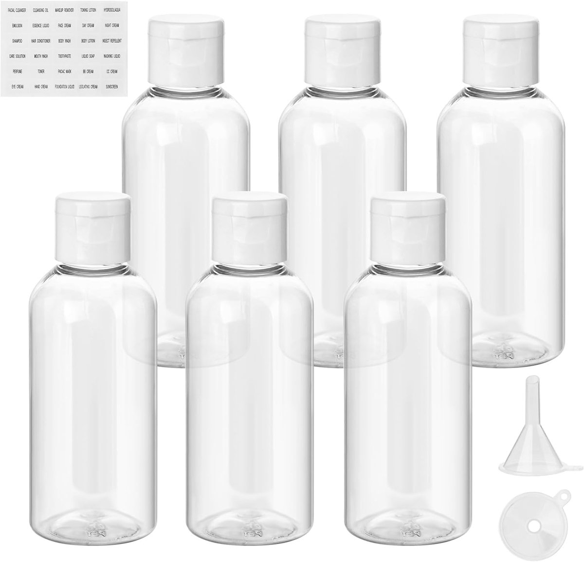SnelShoppen - Set van 6 Reisbottles 80 ml - Transparante Flesjes met Labels, Perfect voor Toilettas, Camping, Vakantie, Reizen, Herbruikbaar, Kwalitei