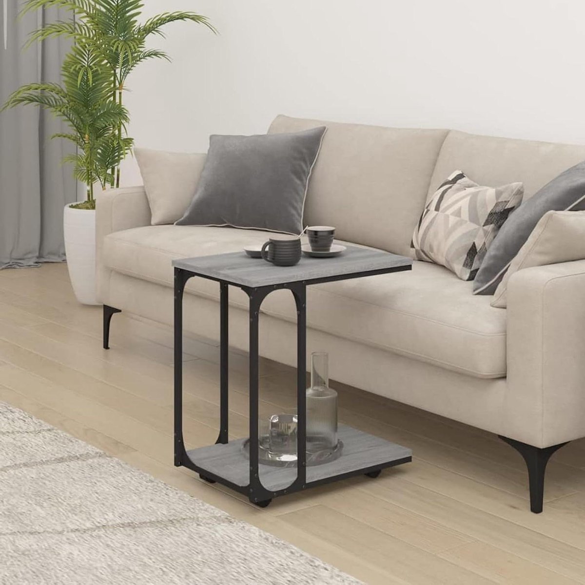 Bijzettafel C-vorm - Banktafel Wieltjes - Laptop Gebruik - Met Opbergruimte - 50x35x555 cm - Grijs Sonoma