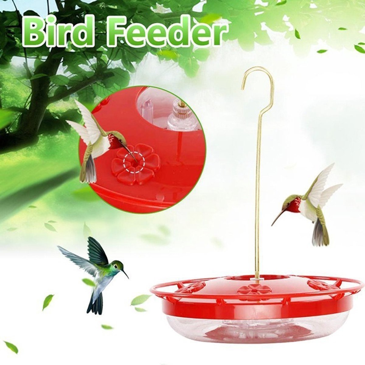 YAGXIG Kolibrievoeder voor buiten - Vogelvoeder - 473 ml - Lekvrije schijfvoeder - Ingebouwde mierenbestendige trog - 5 voederopeningen - Brede opening - Gemakkelijk schoon te maken - BPA-vrij - Decoratief cadeau voor in de tuin