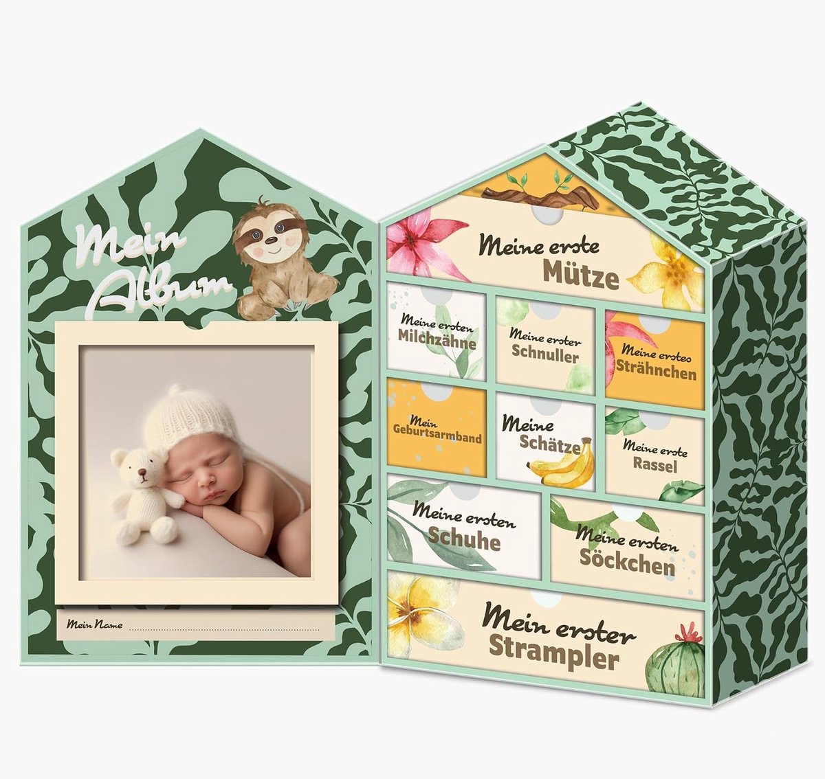 SnelShoppen - Herinneringsdoos Schatkist voor Baby met 10 Vakken, Mijlpaalvorm, Houten Opbergdoos voor Geboorte en Doop, Schattige Baby, Luiertaarten,