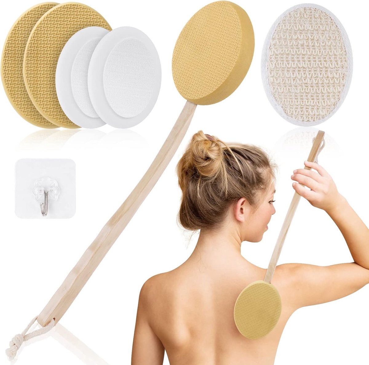 SnelShoppen - URAQT RugcrèMe-Applicator 7-Pack Lotion-Applicator Voor De Rug, 2-In-1 Lichaamsborstel Met Lange Houten Handgreep, Vleeskleur, Ideaal Vo