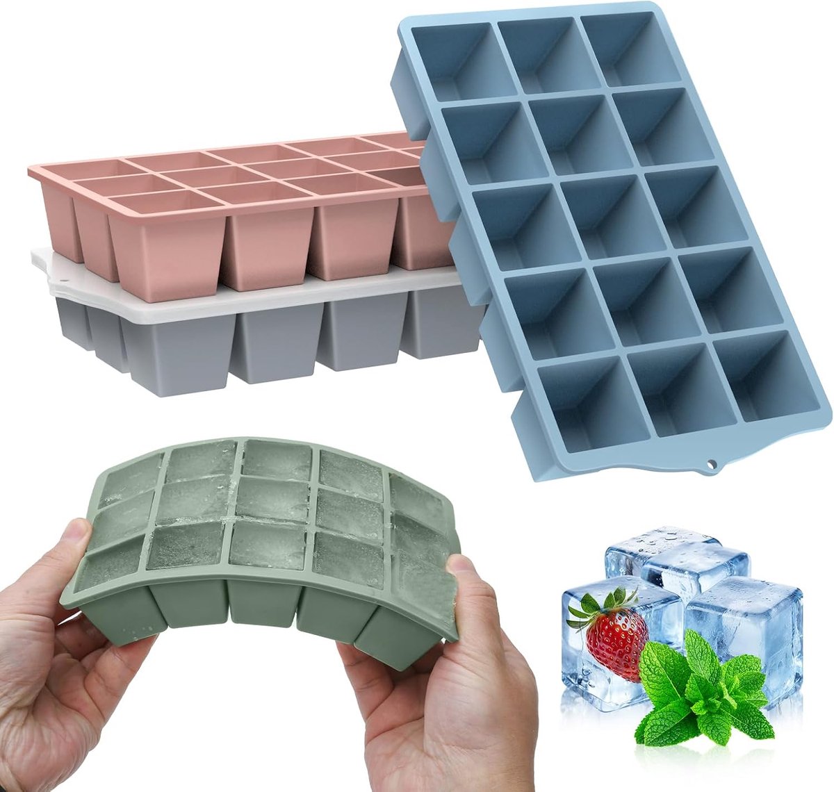 SnelShoppen - IJsblokjesvorm met deksel, BPA-vrije siliconen ijsblokjeshouder, stapelbaar, voor vriezer, cocktails, whisky, wijn, fruitpuree, 4 stuks,