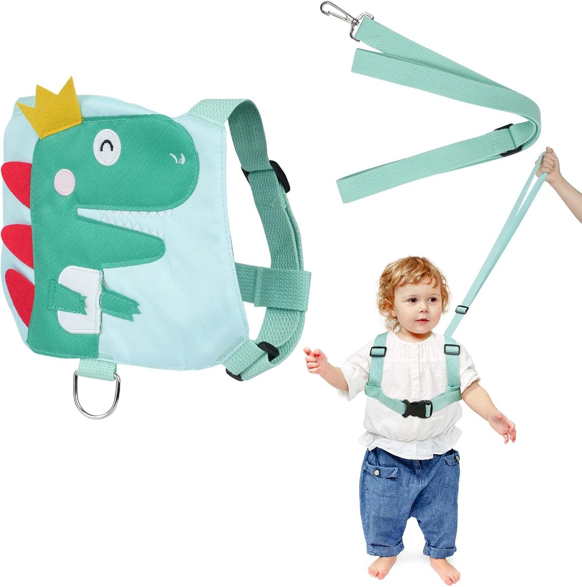 SnelShoppen - AOMIG Veiligheidslijn en Harnas voor Baby's en Peuters - Dinosaurusthema - Groene Veiligheidsharnas voor Kinderen - Voorkomt Verloren Lo