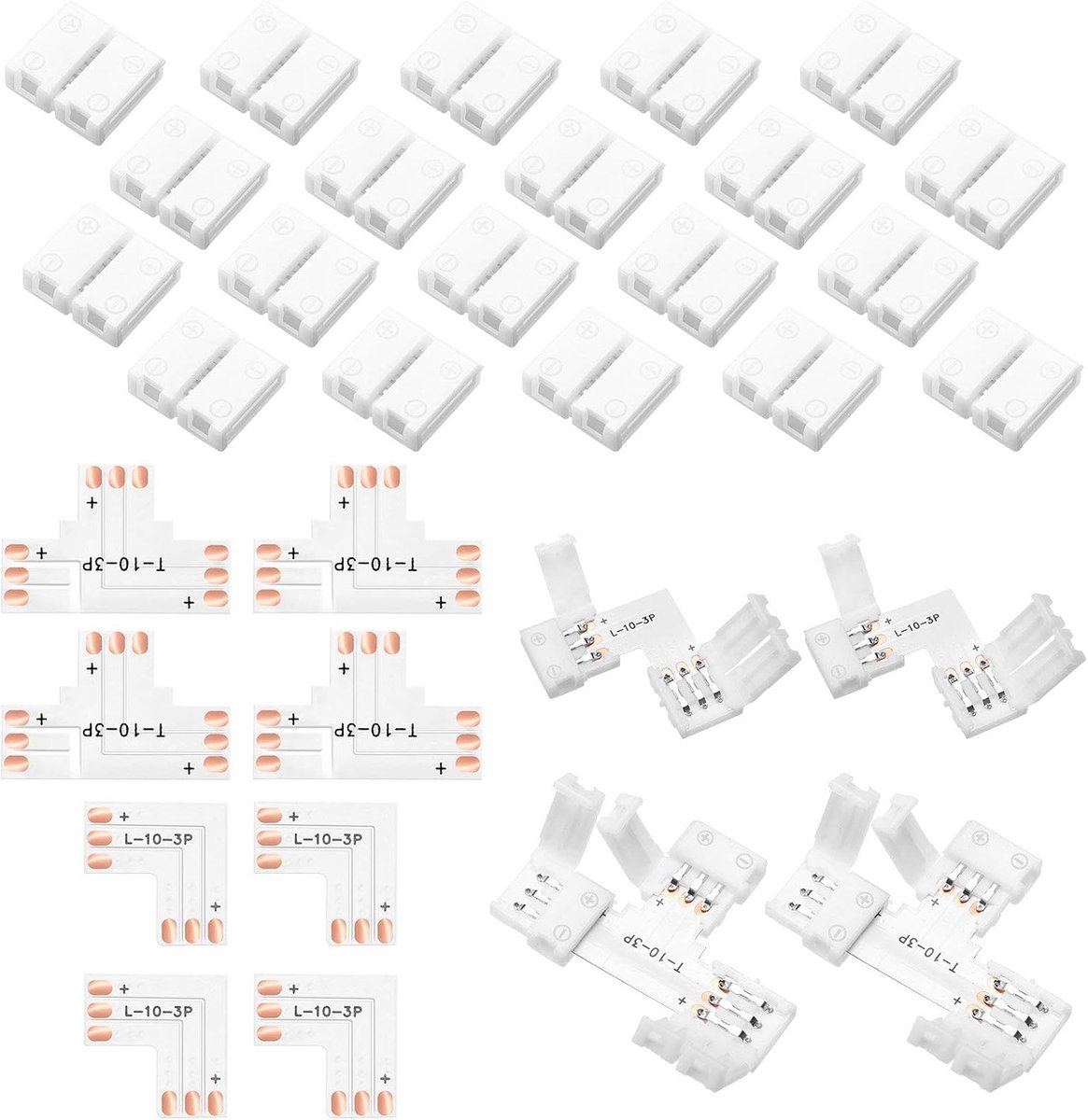 10mm 3-Pins LED Strip Connectoren Set - L-vorm, T-vorm & Gapless Verbindingen voor RGB Adresbare Verlichting
