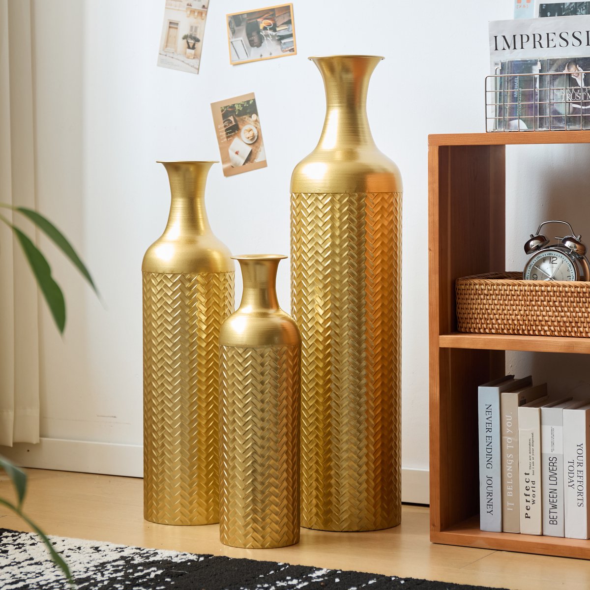 STILVORA Vaas – 3 Delige Set Bodenvazen 50,01 66 83,01 cm – Metaal – Goud – Structuurpatroon Voor Droogbloemen En Kamerplanten
