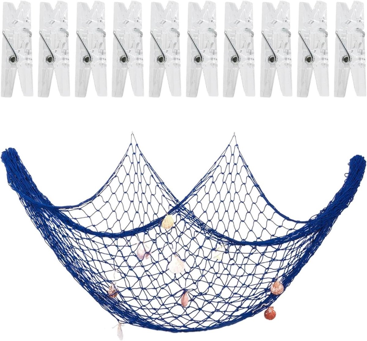 Visnet Decoratie Set - Wanddecoratie met Clips - Creëer Sfeer - Natuurlijke Maritieme Stijl - 100 x 200 cm - Blauw