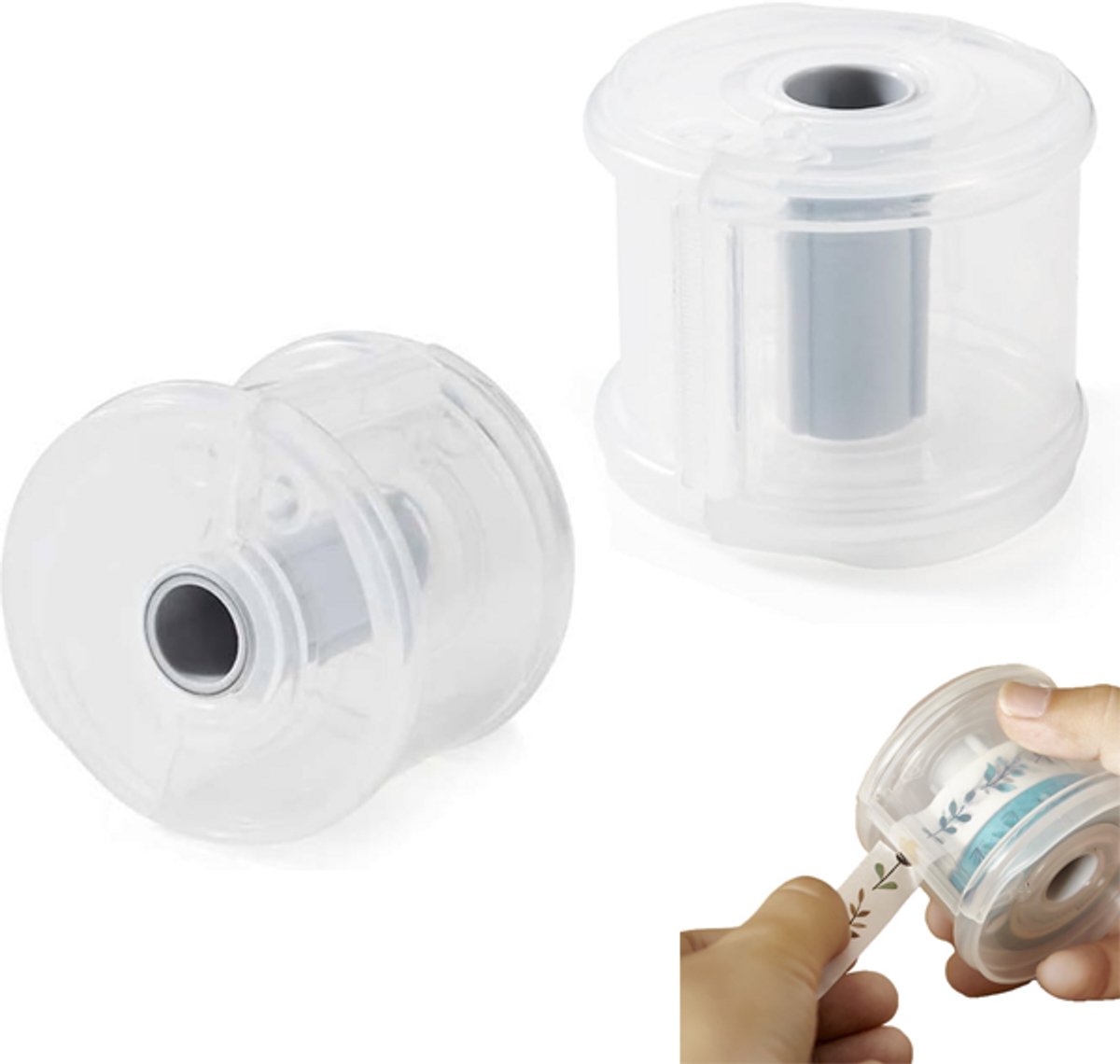 Mini-Tapesnijder - 2 Stuks - Plakbandhouder - Plakbanddispenser - Draagbaar - Met Stofwerende Hoes - Afplakbandsnijder - Tape Dispenser - Snelle Afplakbandsnijder - Geschikt Voor Scrapbooking DIY Knutselen - 6,5 × 5,5 Cm - Wit