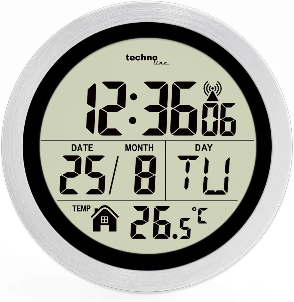 SnelShoppen - Digitale Badkamer Wandklok met AM/FM Radio, Wekker en Achtergrondverlichting, Kwartshorloge, Ø 147 mm, Zilver, Perfect voor Thuisgebruik