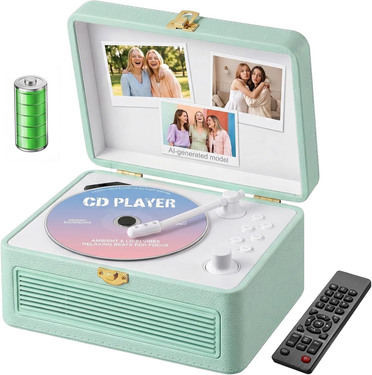 SnelShoppen - Draagbare Bluetooth CD-speler met Luidsprekers, Retro Design, 3600 mAh Oplaadbare Batterij, FM-Radio, Afstandsbediening, Ondersteunt USB