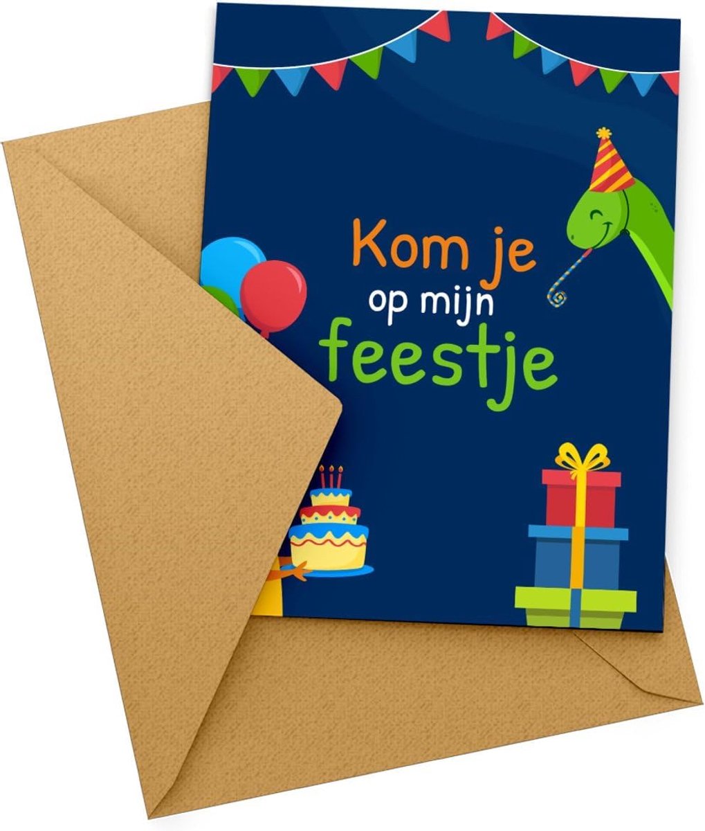 SnelShoppen - Uitnodiging Kinderfeestje 10x Kaarten met Envelop - Blauwe Dino Thema - Beschrijfbare Verjaardagskaarten voor Jongens en Meisjes - Feest