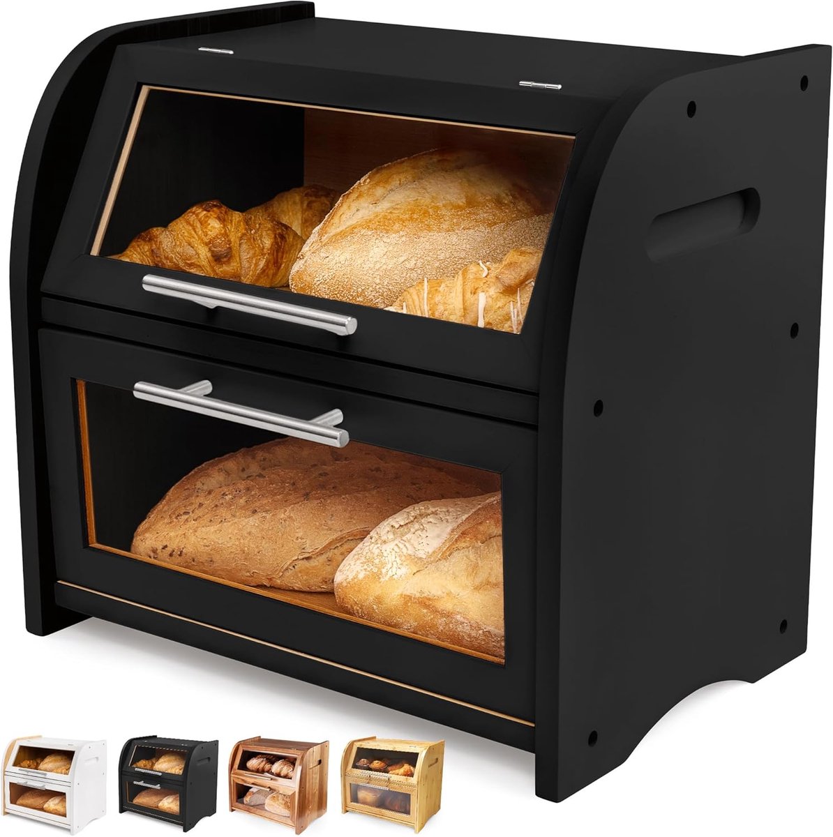 Thijox - Stijlvolle Broodtrommel Hout - Extra Grote Brooddoos met 2 Planken en Doorzichtige Ramen - Bamboe Zwart - Ventilatieopeningen voor Vers Brood