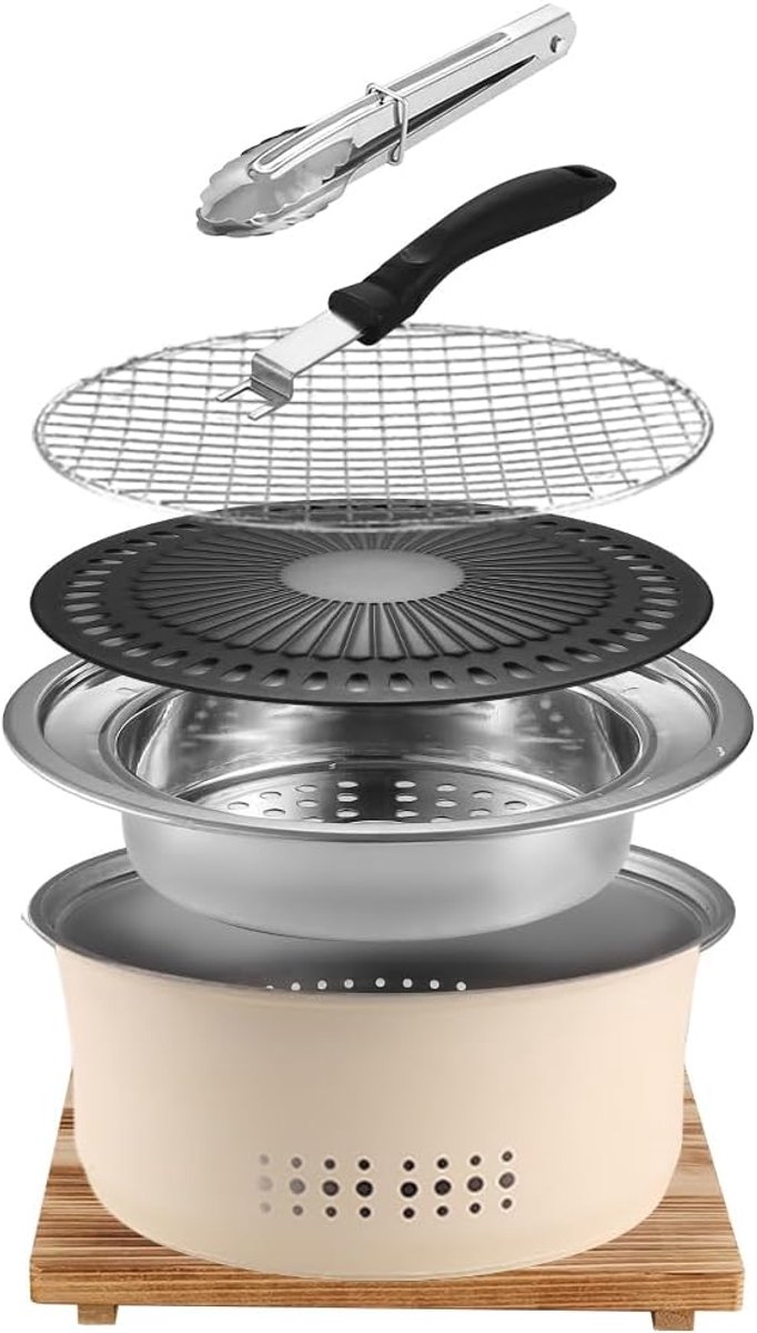 SnelShoppen - Roestvrijstalen Houtskoolbarbecue Draagbare Grill - 10,5 Inch Anti-aanbaklaag - Rond BBQ en Hete Pot voor Thuisfeest, Outdoor Camping en