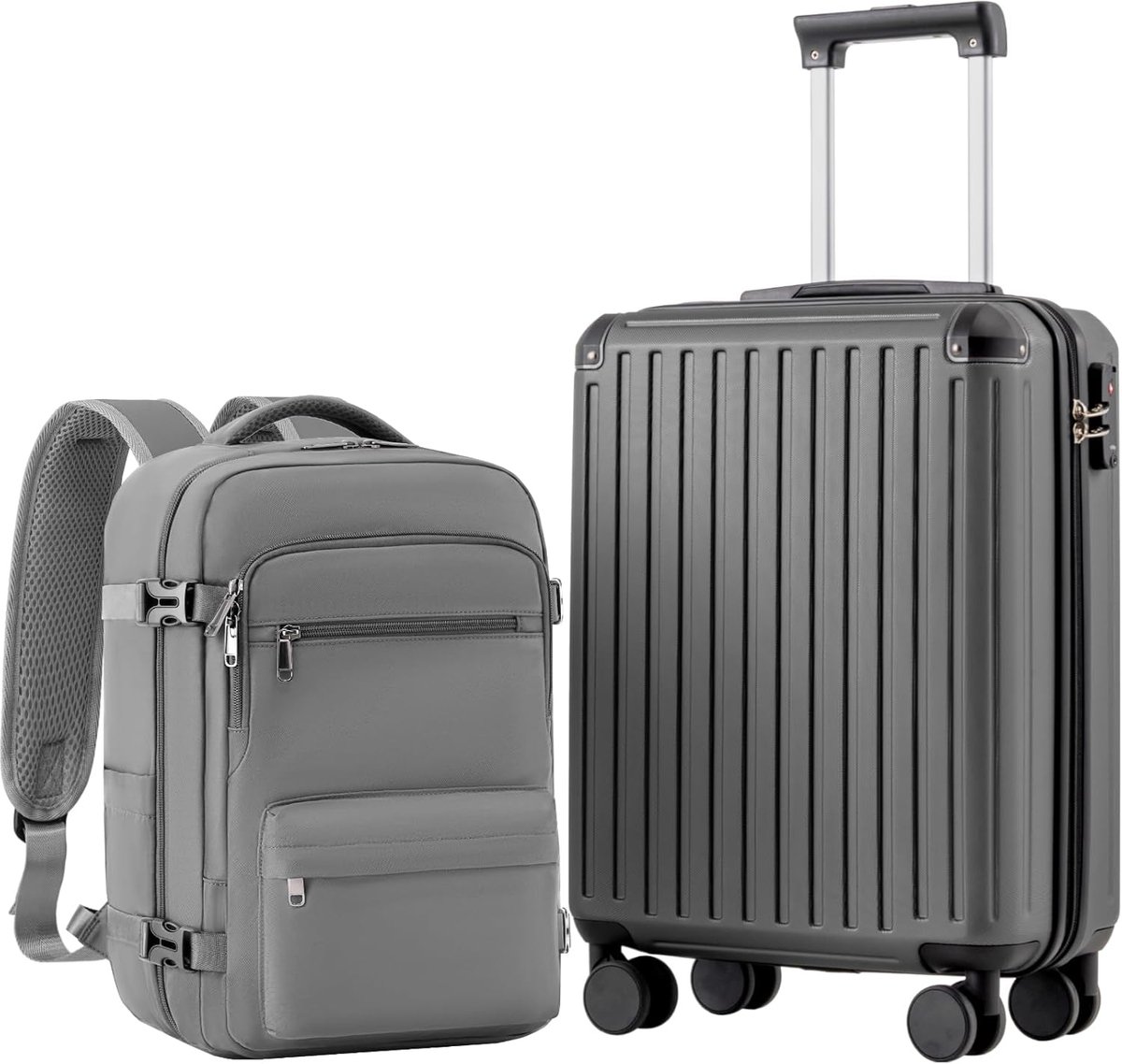 Thijox - Handbagagekoffer 55x35x20cm voor Ryanair | Hardcase Koffer met 4 Dubbele Wielen en TSA-slot | Set 2tlg met Cabinerugzak 20L | Grijs