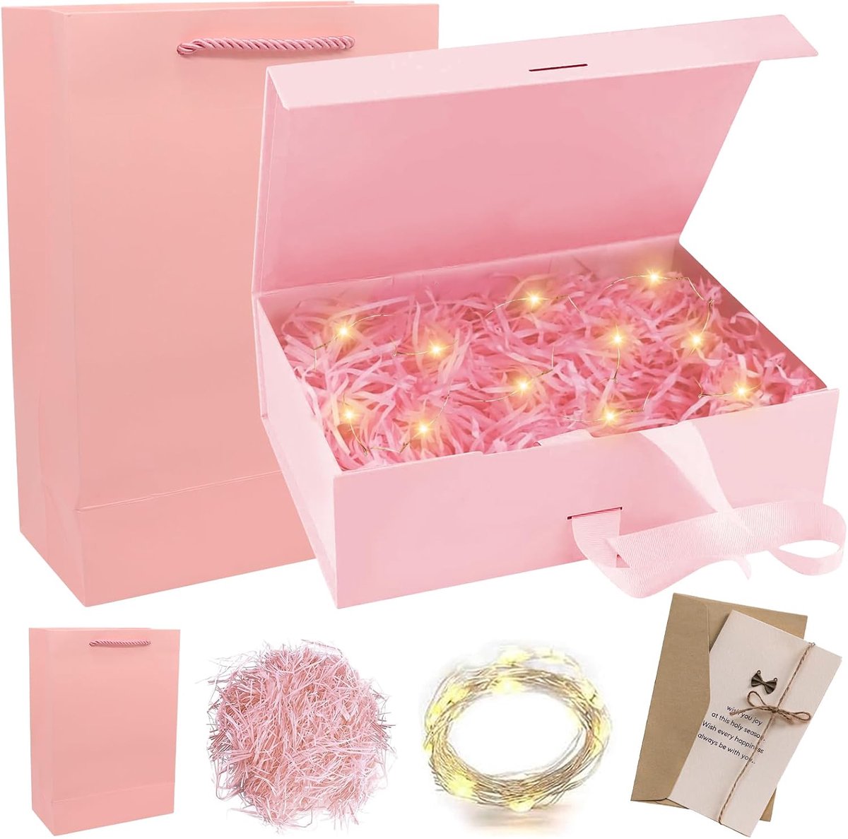 SnelShoppen - Grote Gift Box met Deksel 21 x 17 x 7 cm, Vouwbare Magnetische Geschenken Doos met Strik, LED Lichten, Cadeaukaart en Inhoud voor Verjaa