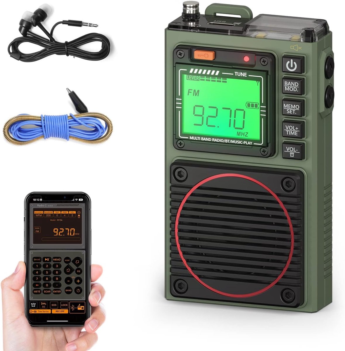 SnelShoppen - Raddy RF75A Draagbare Shortwave Radio met App Controle, AM/FM/VHF/SW/WB Weer Radio, Oplaadbare Pocket Radio met 3m Draad Antenne (Legerg
