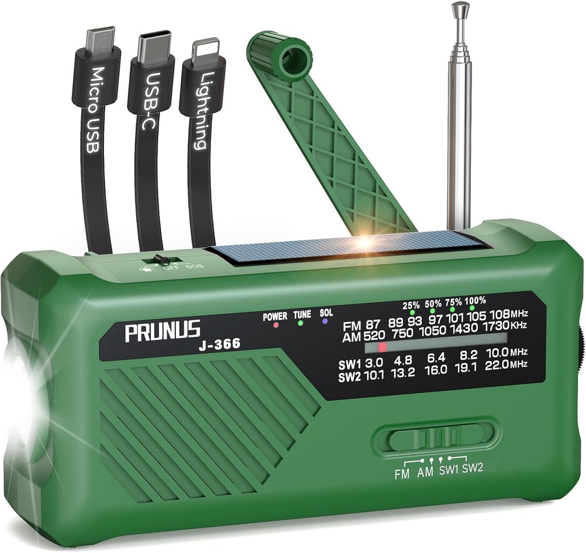 SnelShoppen - Opwindradio Noodradio 3-in-1 met Handslinger, Zonne-energie, USB-C, AM/FM Ontvangst, SOS-alarm, Zaklamp, Compact voor Camping, Wandelen,