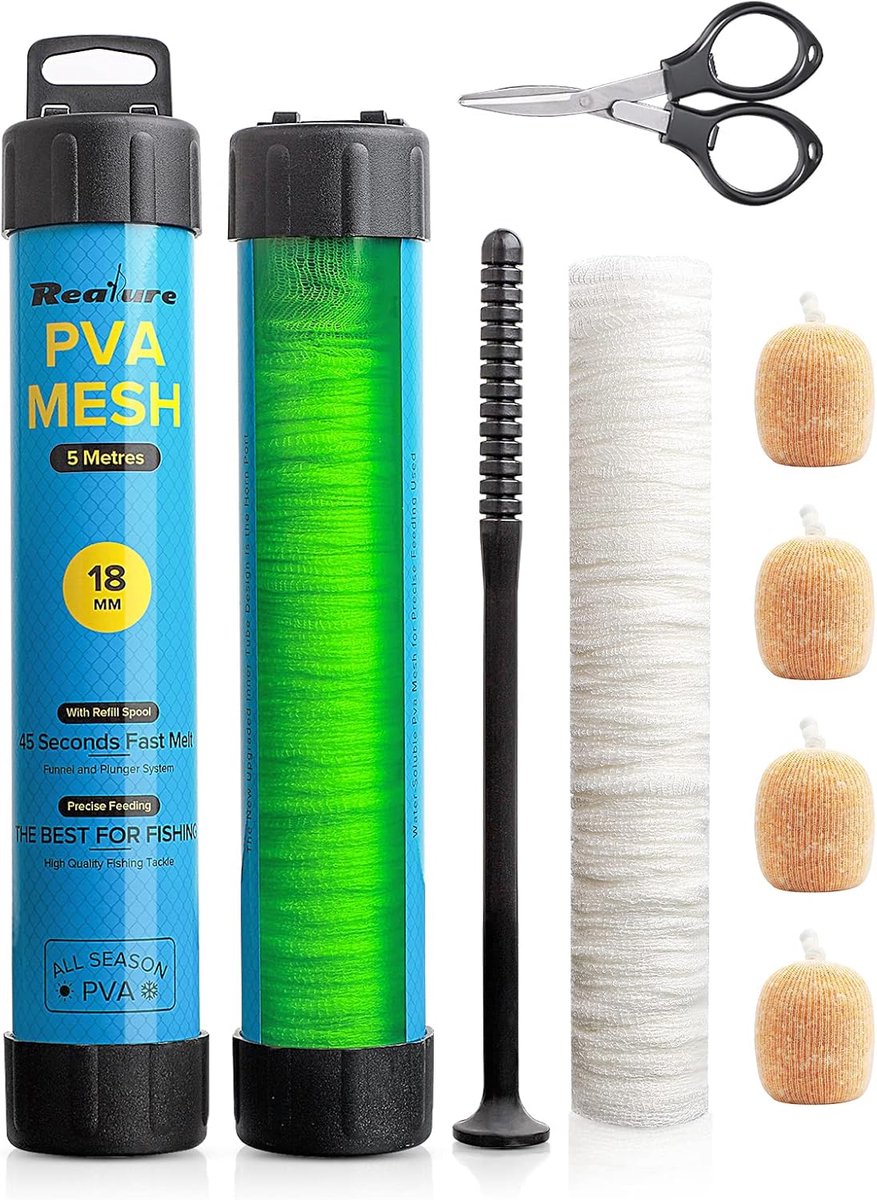 Thijox - PVA-visset 5 m met schaar, 18mm, 25mm, 37mm, 44mm breed, snel smeltend PVA-net voor karpervissen, complete kit met trechter en stampersysteem