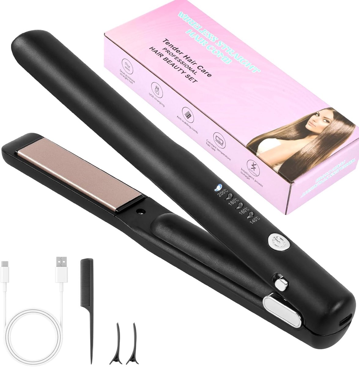 SnelShoppen - Draadloze Haarstijlset - 2-in-1 Haarstraightener en Krultang voor Vrouwen - 4 Temperatuurinstellingen - Oplaadbare Reisset - Professione
