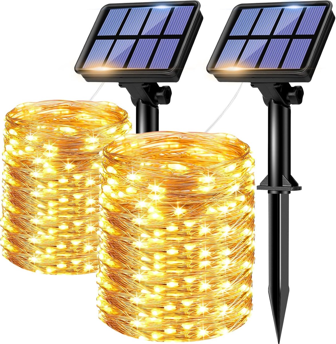 SnelShoppen - Solar Fairy Lights 15m 150 LED Waterdicht Koper Draad 8 Modi Tuinverlichting voor Balkon, Patio, Tuin, Huwelijk, Feest, Warm Wit - 2 Stu