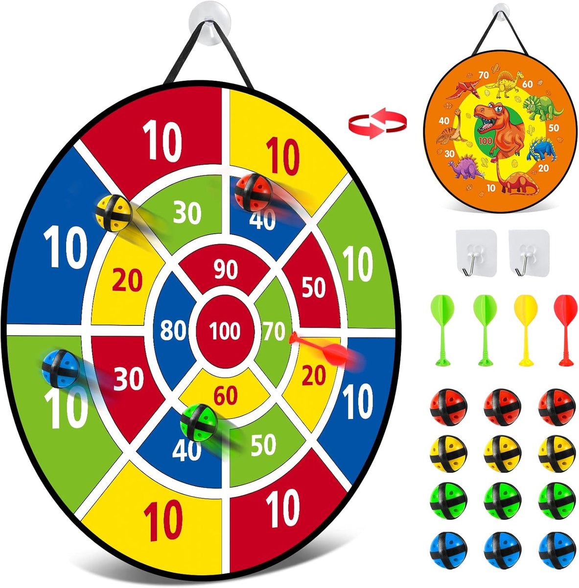 SnelShoppen - Dartbord voor Kinderen - 66 cm Montessori Speelgoed met Dino Thema - 12 Plakballen en Darts - Veilig Spel voor Binnen en Buiten - Perfec