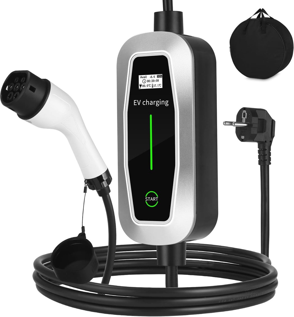 SnelShoppen - EV Charger Driefase 16A/5m, Type 2 Laadkabel 3.5 kW, Mobiele Wallbox Oplader, Instelbare Stroom en Starttijd voor Alle Elektrische Voert