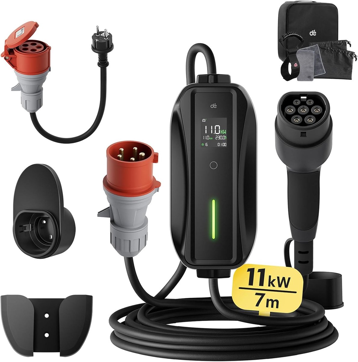 SnelShoppen - EV Charger Type 2 11kW [7m, 3-Phase, 6-16A] Mobiele Wallbox voor Model Y/3, ID.3/4/5, Enyaq, EX30/XC40, Niro, Draagbare Laadstation