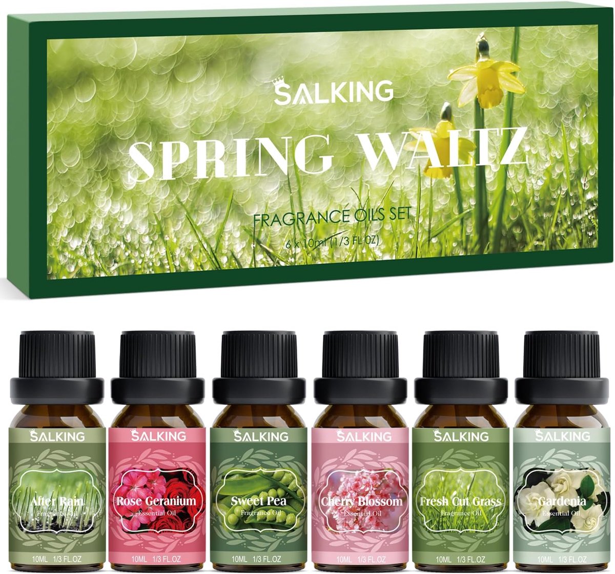 SnelShoppen - 6x10ml Essentiële Olie Set - Aromatherapie Geuren voor Diffusers, Massage en Meer - After Rain, Freshly Cut Grass, Rose Geranium, Cherry