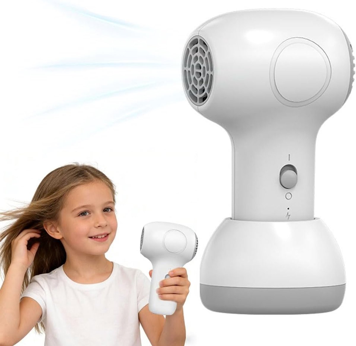 SnelShoppen - Draadloze Haardroger voor Kinderen - Mini Föhn voor Meisjes en Baby's - Oplaadbaar, Stil, 2 Standen, Zachte Warmte, Ideaal voor Thuis, K