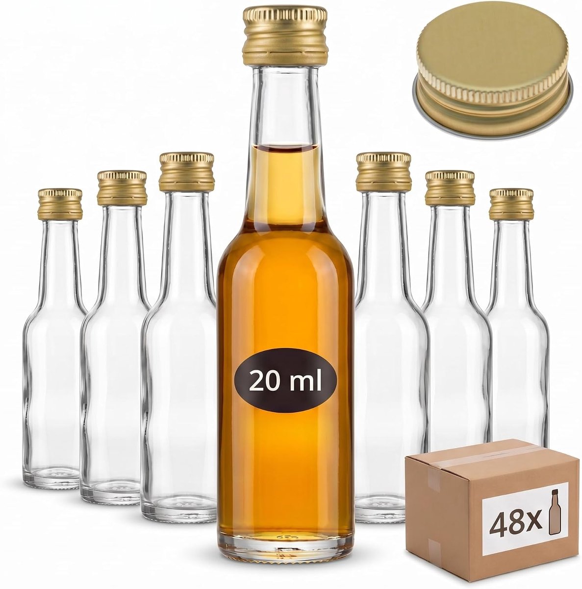 SnelShoppen - Set van 48 Mini Glazen Flessen 20 ml met Schroefdop in Goud - Perfect voor Liqueur, Schnaps, Olie, Crafting en Feestjes