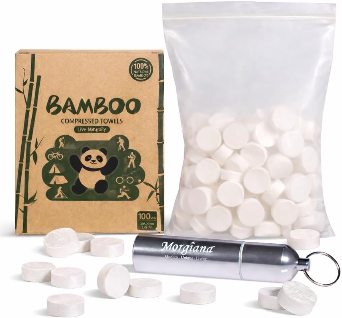 SnelShoppen - Bamboo Compressed Towels - 100 Pack in Aluminium Tube - Biodegradable Reisdoekjes voor Camping, Backpacking & Outdoor Hygiëne
