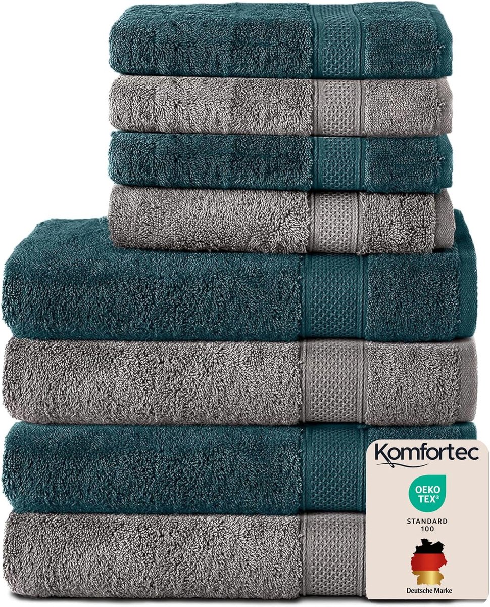 SnelShoppen - Handdoekenset 8-delig - 4x Handdoek 50x100 cm en 4x Badhanddoek 70x140 cm - 100% Katoen - Antracietgrijs & Petroleumblauw - Luxe Bad- en