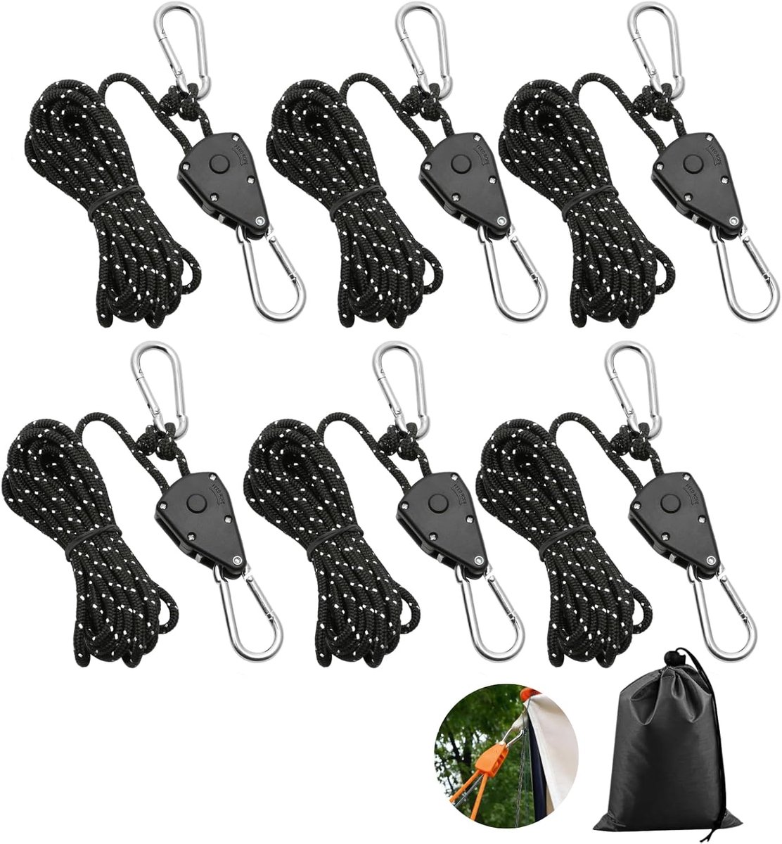 SnelShoppen - 6 Pcs Ratchet Tent Tension Ropes 4m met Kabelspanner - 1/8 Inch Winddichte Touw met Haken - Perfect voor Camping en Outdoor Activiteiten