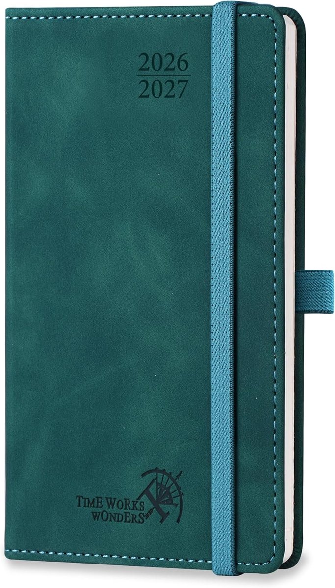 SnelShoppen - Pocket Agenda 2026-2027 - Weekplanner 16.5x9 cm - Denim PU Leer - 17 Maanden - Petrol Kleur - Ideaal voor Studenten en Dagelijkse Planni