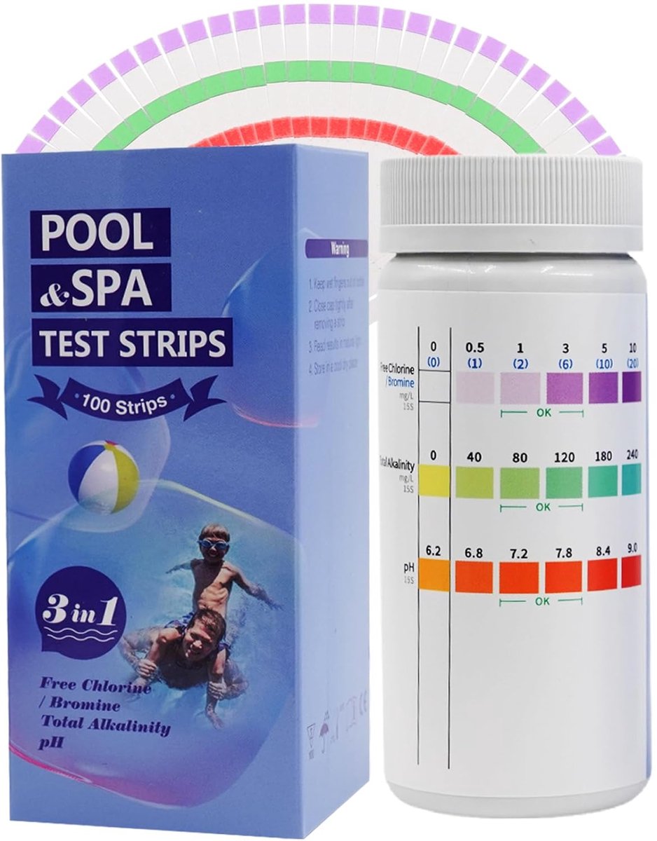 SnelShoppen - 3-in-1 Pool Test Strips - Water Tester voor pH, Vrij Chlorine, Bromine & Totale Alkaliteit - Test Strips voor Zwembad, Whirlpool & Spa -