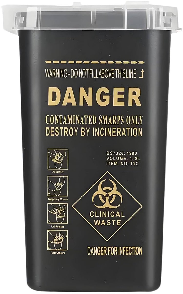SnelShoppen - Canülen Afvalbak 1 Liter - Plastic Naald Afvalbak voor Tattoo Naalden en Scherpe Afvalverwerking - Zwart - Puncture-proof en Chemisch Be