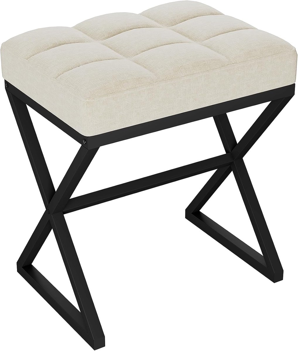 SnelShoppen - Luxe Beige Ottomaanse Poef met X-Vormige Metalen Poten - Vierkante Makeup Dressing Stool voor Woonkamer, Slaapkamer, Hal - 40x30x46cm