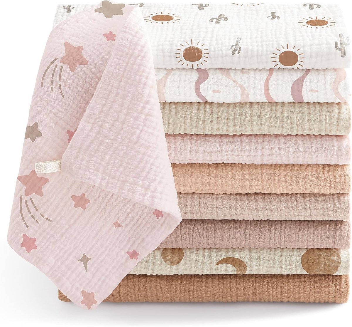 SnelShoppen - Barmoss Baby Muslin Doekjes voor Pasgeborenen, Set van 10, 25 x 25 cm, Super Zacht en Absorberend, Unisex, Roze Bruin, Ideaal voor Voede