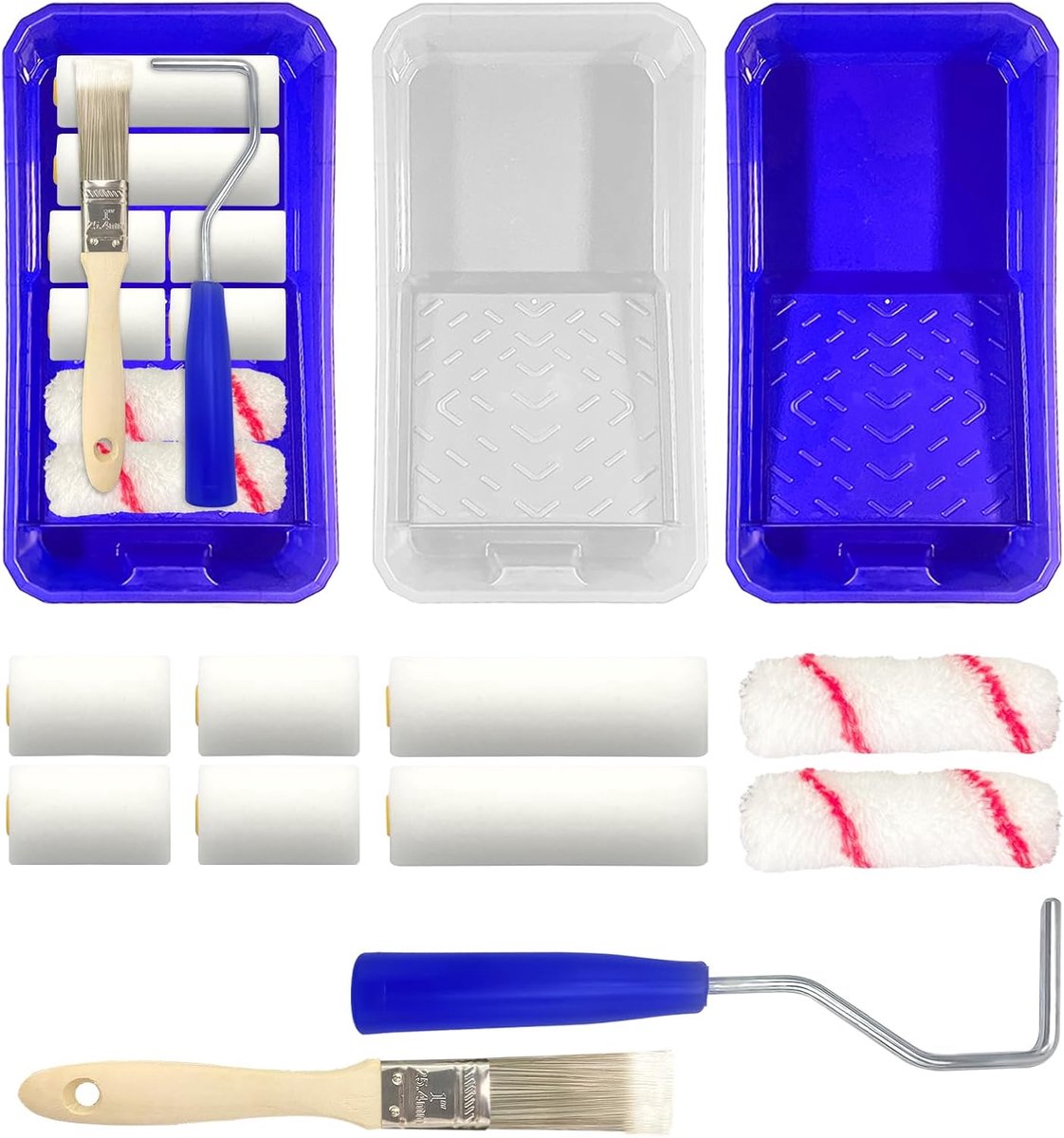 SnelShoppen - 12 stuks verfrollers set, inclusief schuimrollen, mini-schuimrollen, verfroller, verfbak, verfkwast, verfroller 10 cm voor binnen en bui