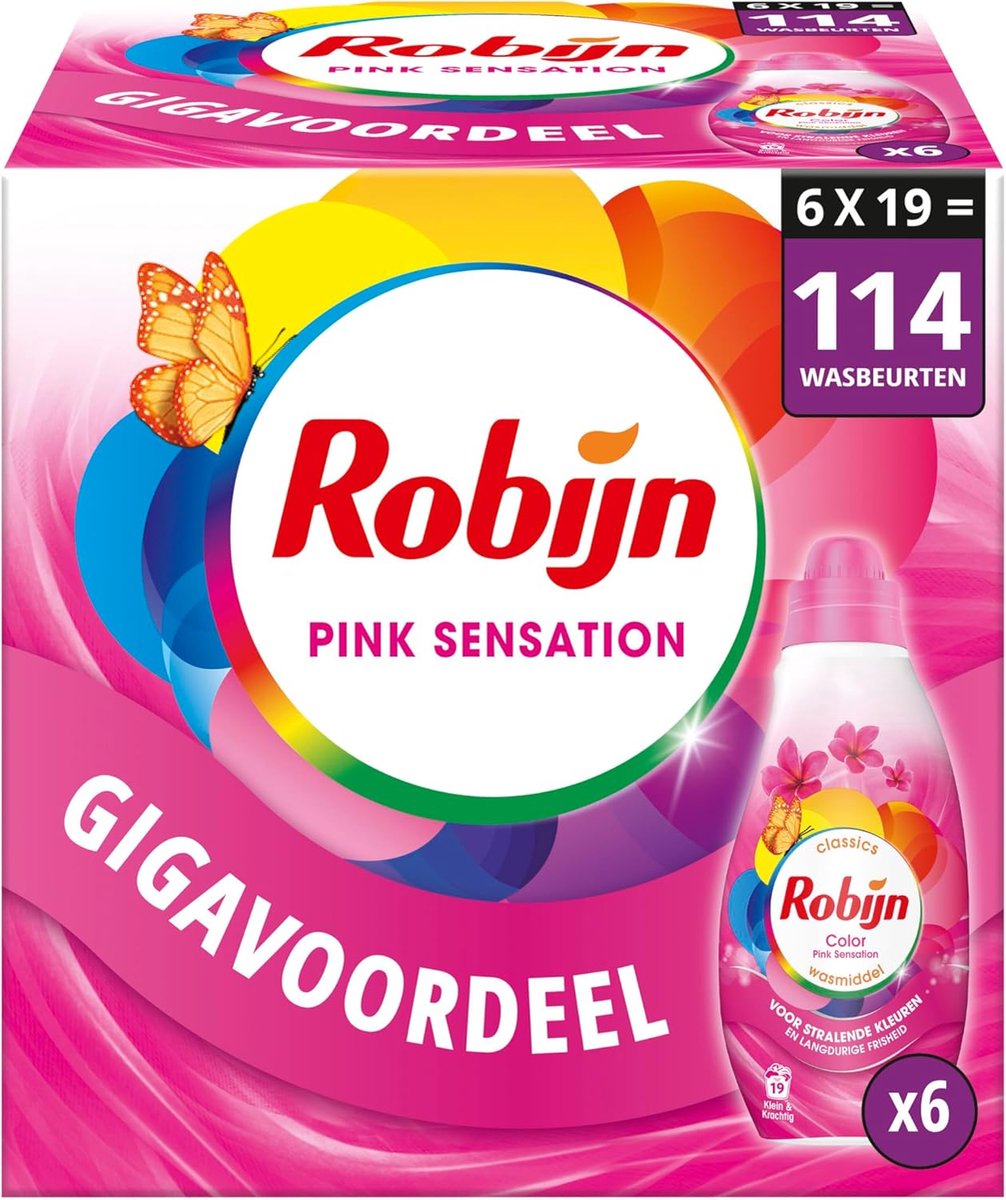 SnelShoppen - Vloeibaar Wasmiddel voor Kleurige Was - Robijn Small & Powerful Classics Pink Sensation - 6 x 19 Wasbeurten - Frisse Geur - Perfect voor