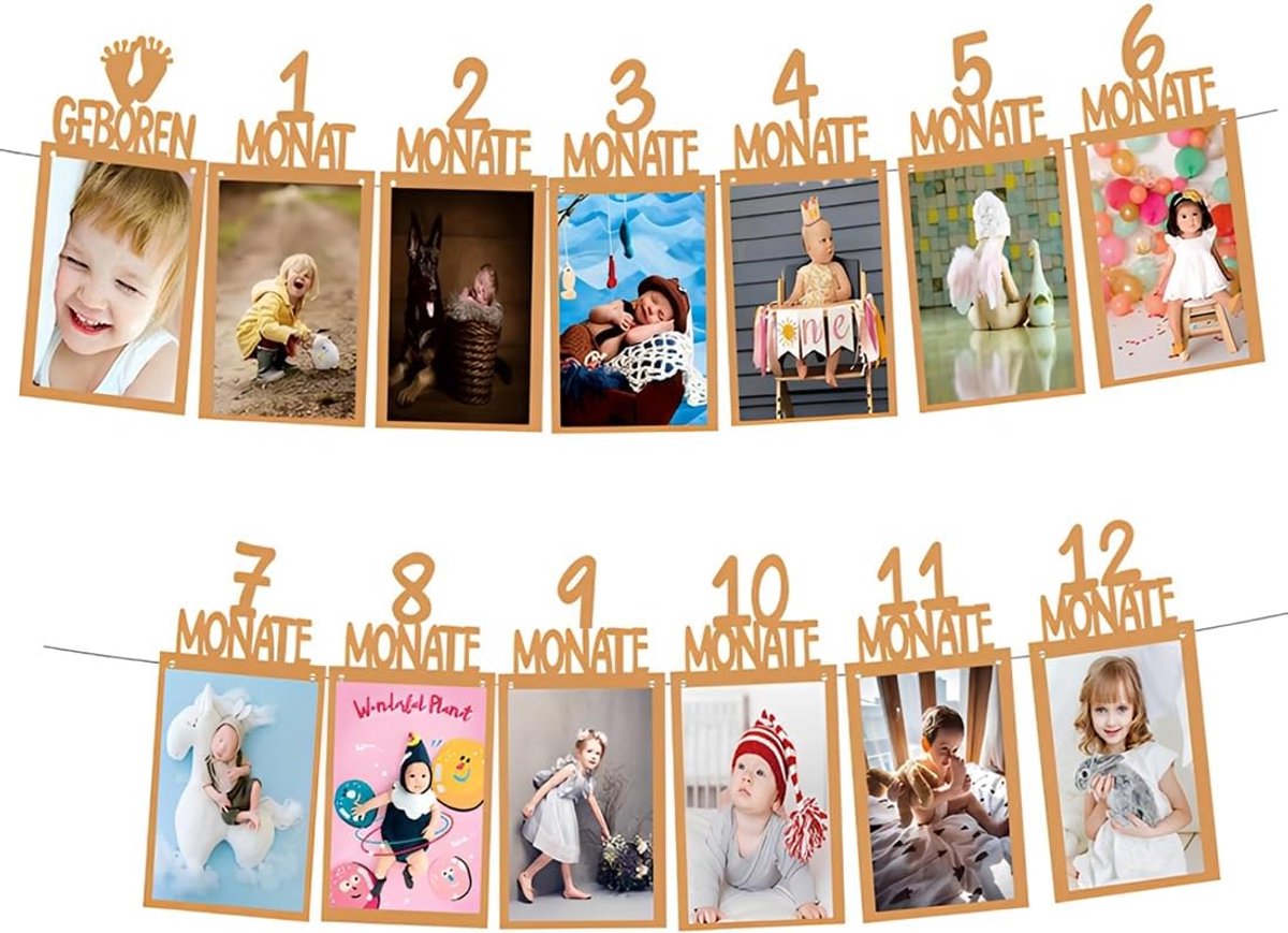SnelShoppen - Fotoalbum Geboorte Meisje 12 Maandelijkse Fotokaarten Fotogirlande Versiering voor Eerste Verjaardag Italiaans Kraftpapier