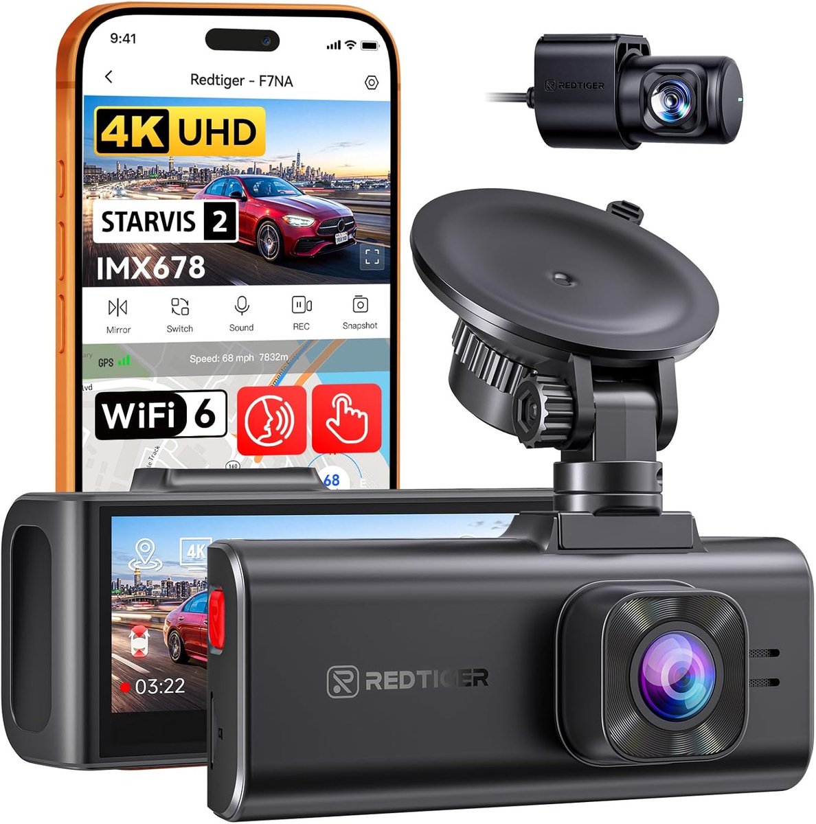 SnelShoppen - 4K Dual Dash Cam, STARVIS 2 IMX678, 8 MP, 5 GHz WiFi, GPS, Stembediening, WDR, HDR Nachtzicht, 24U Parkeerstand, Geen SD-kaart