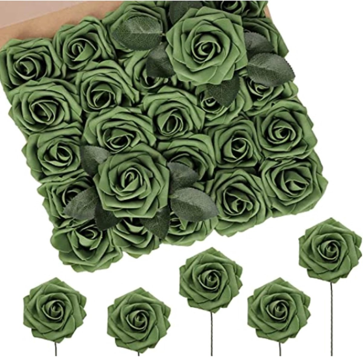 SnelShoppen - Kunstrozen Lentestijl 50 Stuks - Zachte Schuim Rozenset met Steel - Legergroen - Perfect voor Bruiloft, Babyshower, Feestdecoratie, Bloe