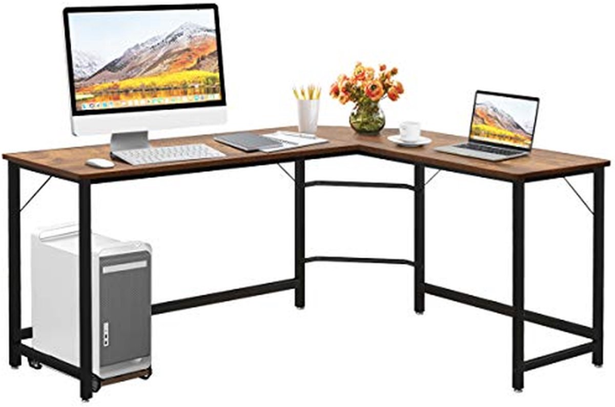 Bureau Hoekbureau - L-vorm tafel - Thuiswerken Kantoor - Met CPU standaard - 168 x 125 cm - Bruin
