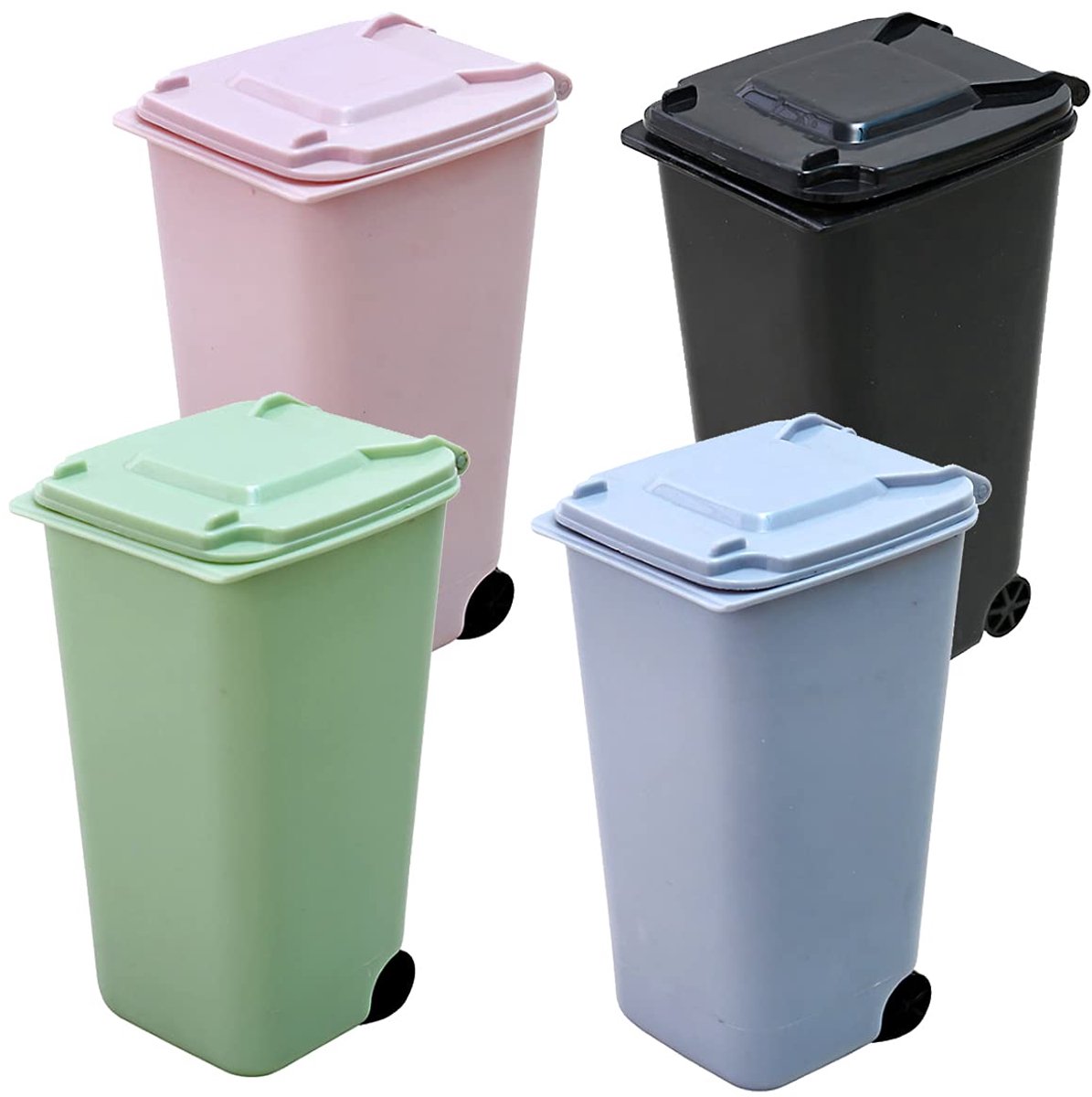 SnelShoppen - 4 Stuks Mini Tafelafvalemmer met Deksel - Plastic Vuilnisemmer voor Keuken, Badkamer, Kantoor - Geurdicht - Roze, Lichtblauw, Lichtgroen