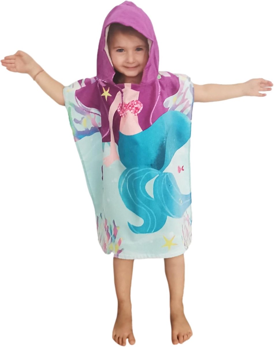 SnelShoppen - Kinderponcho Badponcho Handdoek met Capuchon 100% Katoen voor Jongens & Meisjes - Zeemeermin - Badjas Strandhanddoek Douchehanddoek Gesc
