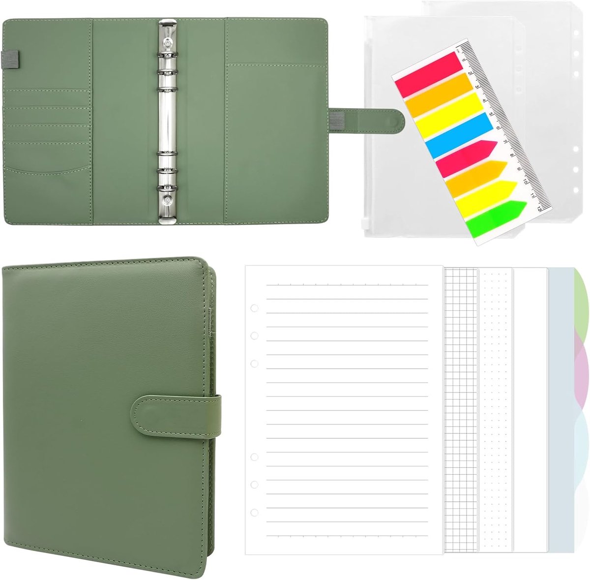 SnelShoppen - Notitieboek A5 met Ringband, Navulbaar Leren Notitieboek, 160 Vellen Navulpapier, Groen, Planner en Organiser voor Schoolnotities, Draag