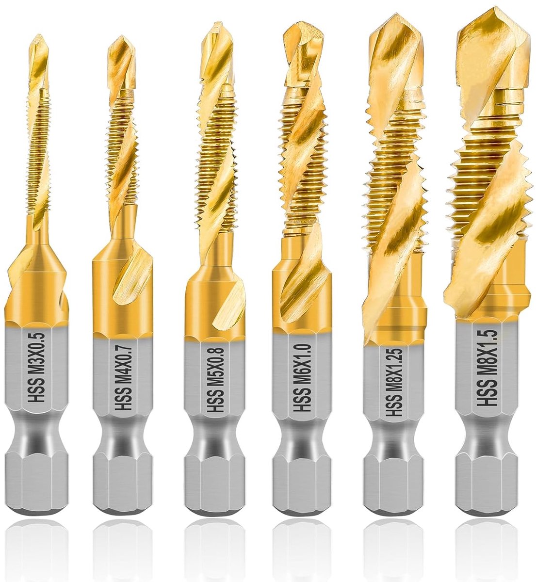 SnelShoppen - HSS Set van 6 M3-M10 Combi Boor- en Tapbit voor Boren, Tappen, Galvaniseren, Titanium met Snelle Verwisselschaft