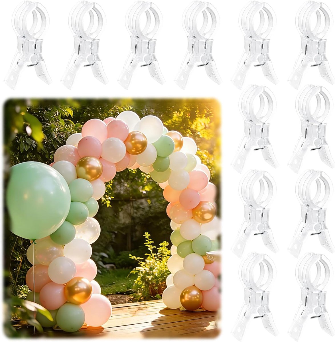 Thijox - 12er Pack Ballonbogenclips, Transparante Kunststof Veerclips 9 Cm, Stevige Bevestigingsclips voor Bruiloft Achtergrondhouder, Feestdecoratie